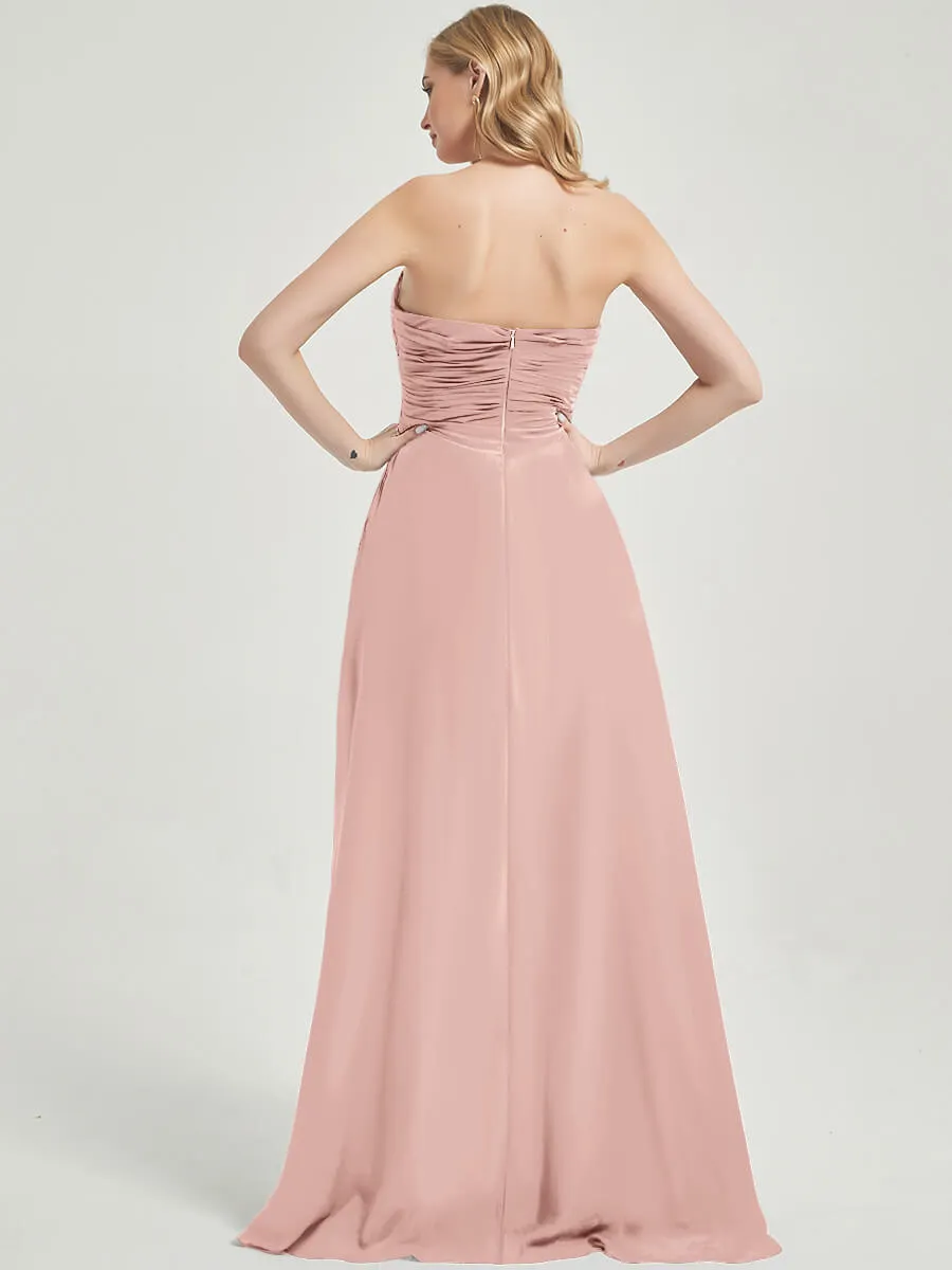 Dusty Pink Strapless Floor-Length Empire Bridesmaid Dress with Slit