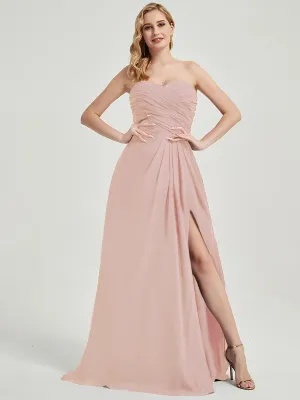 Dusty Pink Strapless Floor-Length Empire Bridesmaid Dress with Slit