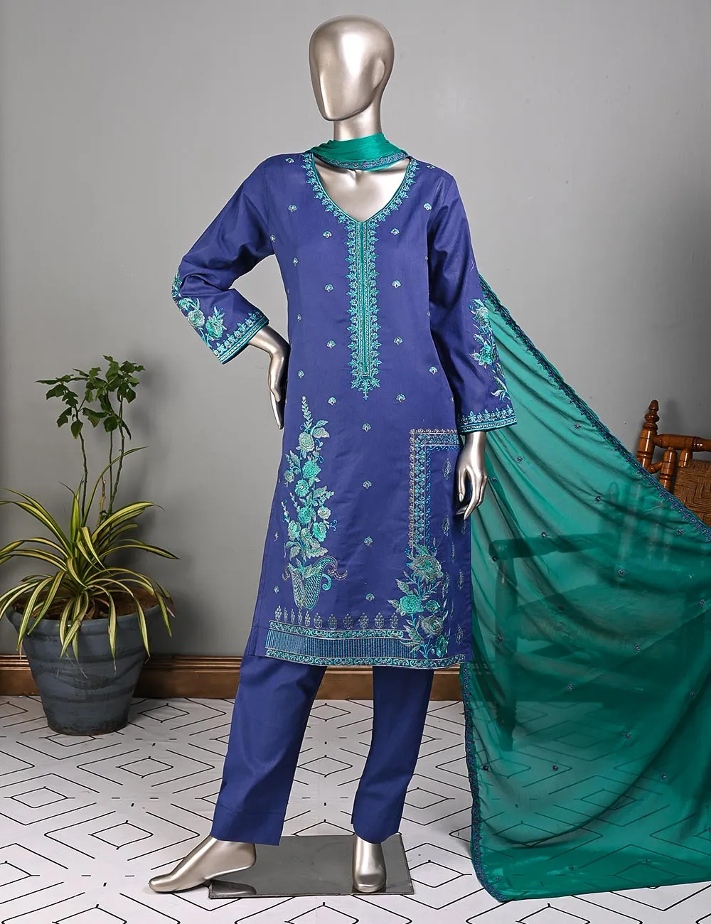 ECT-1C-Blue - SAMSONITE | Un-stitched Cotton Embroidered Lawn