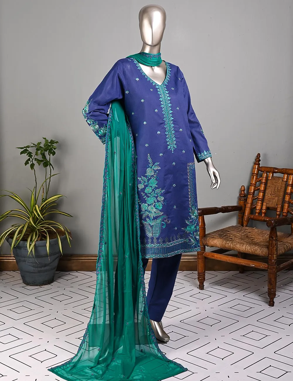 ECT-1C-Blue - SAMSONITE | Un-stitched Cotton Embroidered Lawn