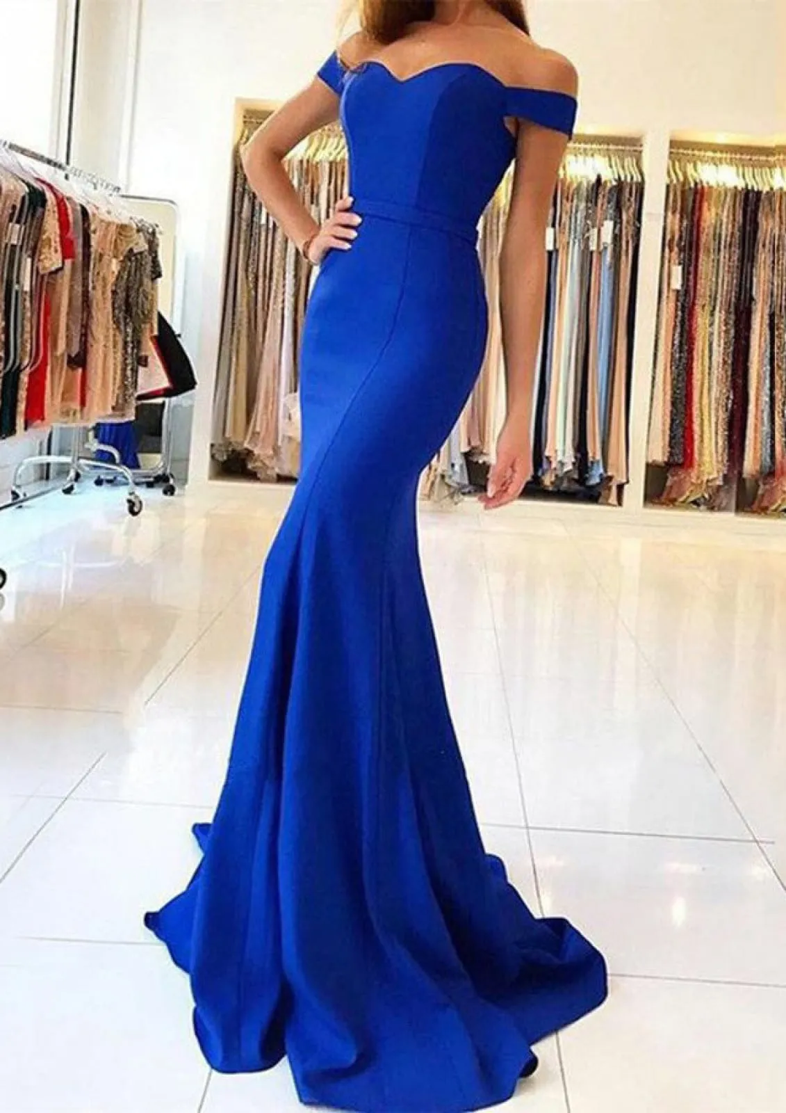 Elastic Satin Off Shoulder Sweetheart Sweep Mermaid Evening Prom Formal Party Dress
