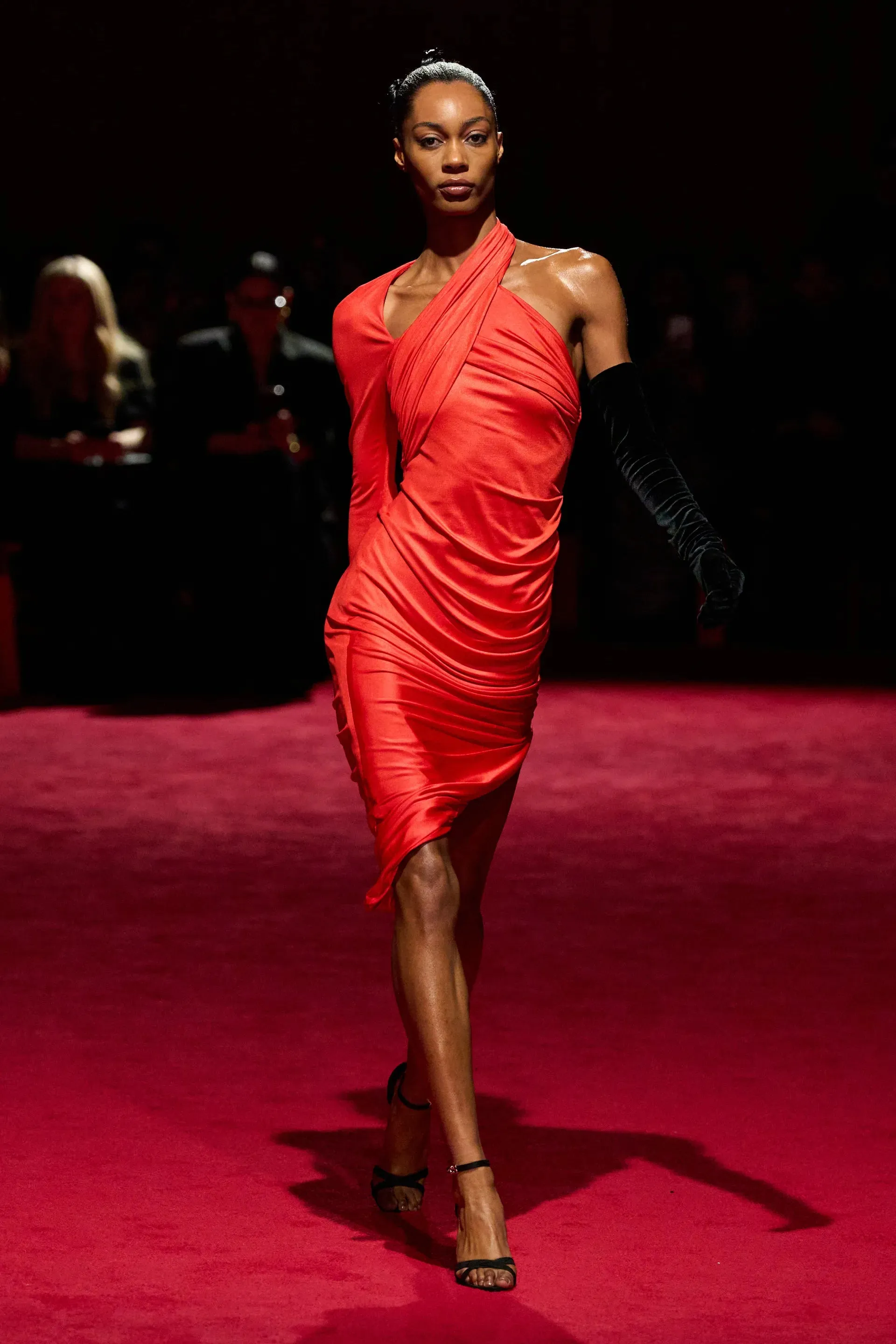 Electric Red Jersey Single Sleeve Criss Cross Draped Dress