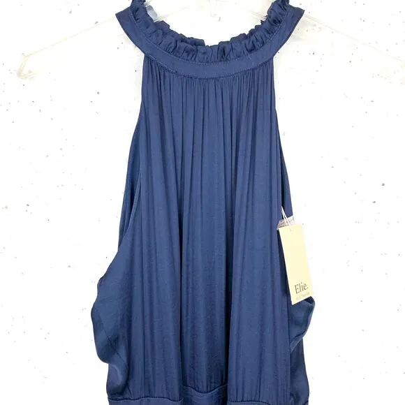 Elie Tahari Womens Blouson Ruffle Halter Midi Dress Blue Sleeveless Size 10