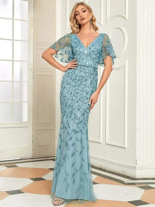 Eliza tulle sleeve mother of the bride dress in Dusky Blue s10 Express NZ wide