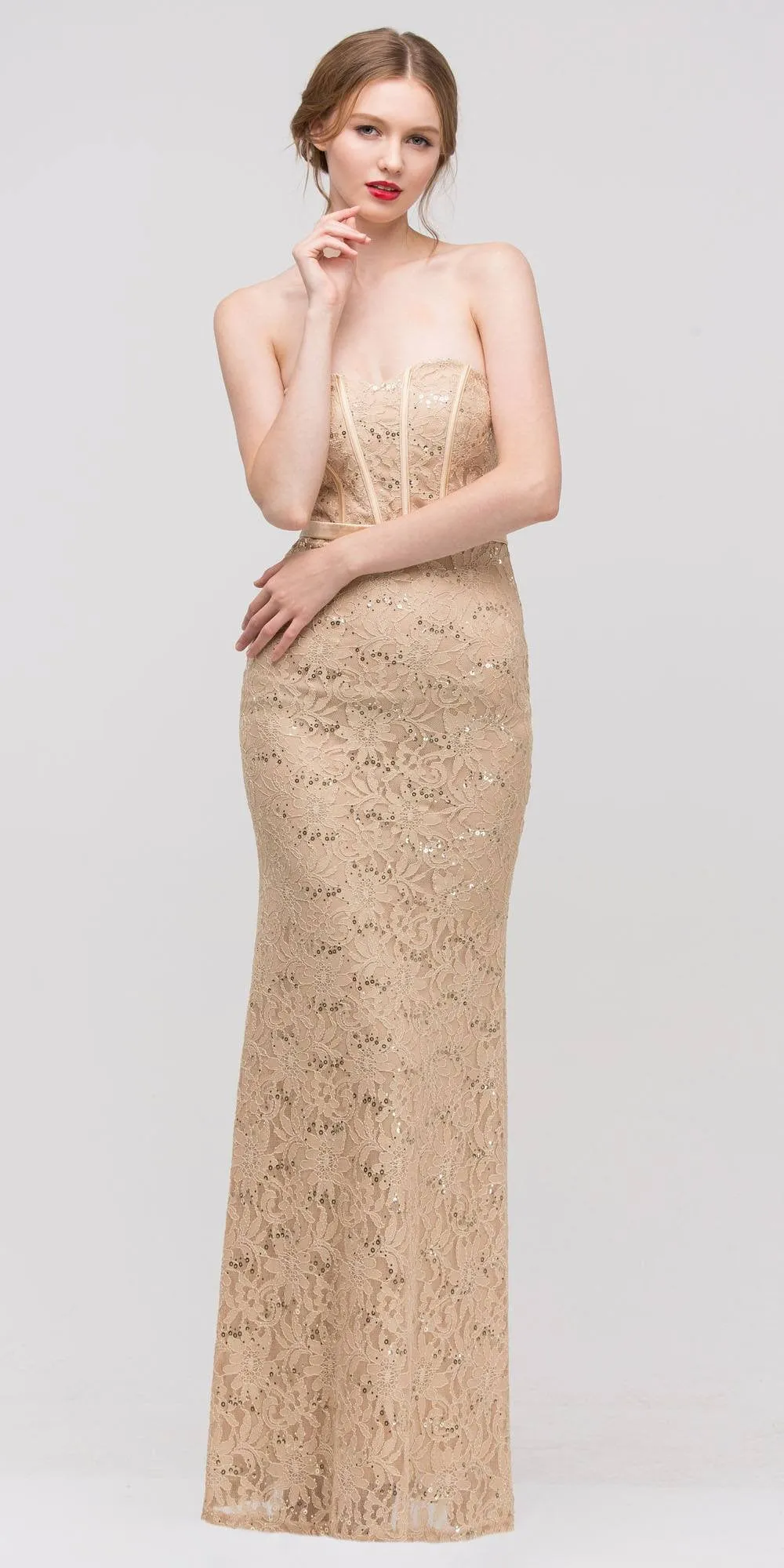 Eureka 2080 Long Lace Gown Sheath Mermaid Flare Strapless