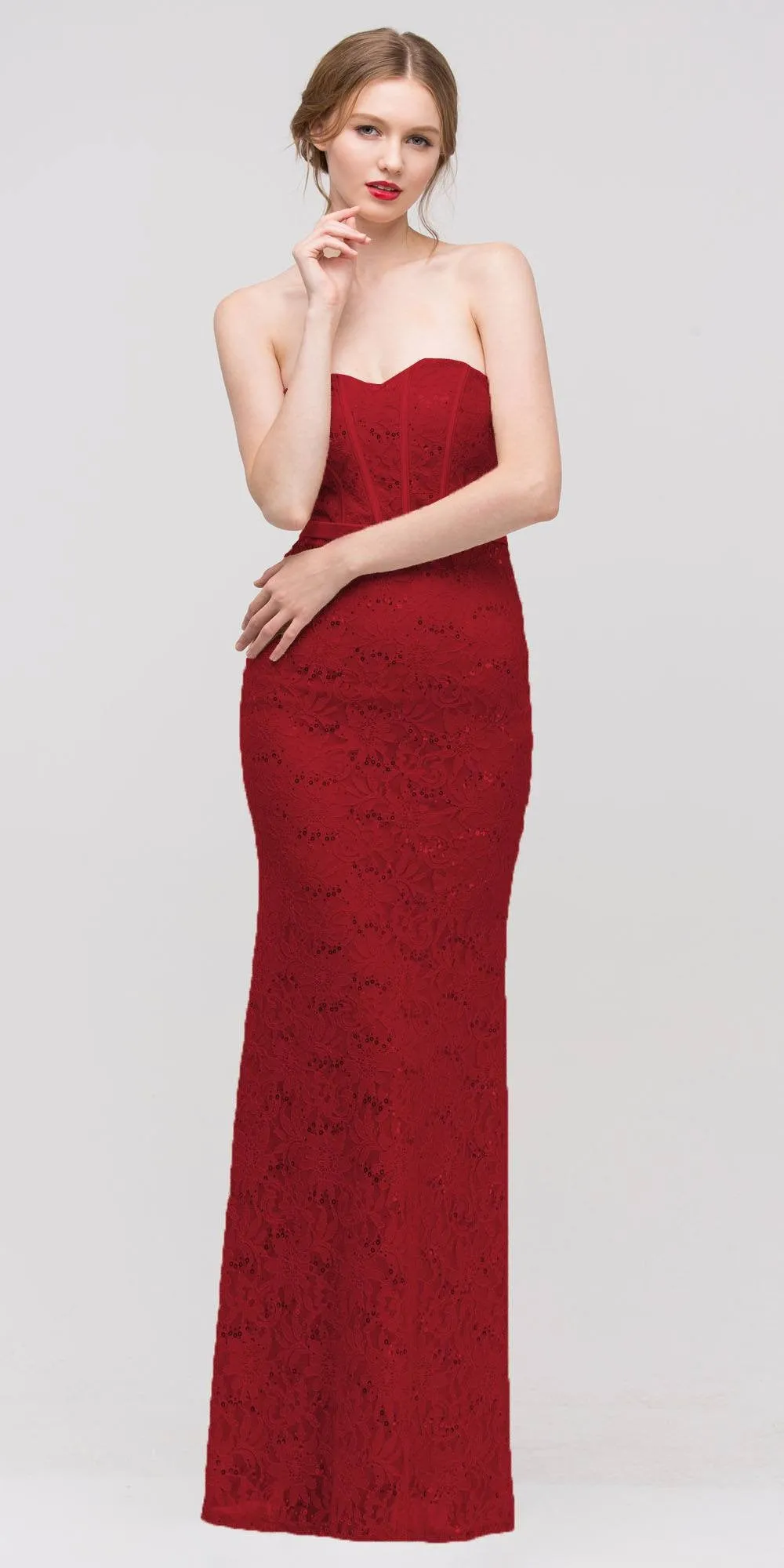 Eureka 2080 Long Lace Gown Sheath Mermaid Flare Strapless