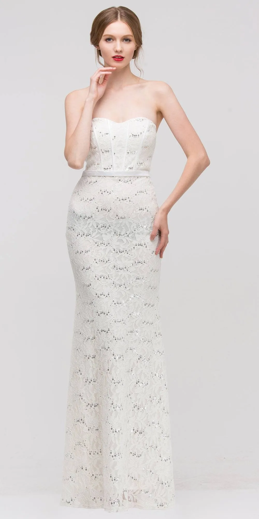 Eureka 2080 Long Lace Gown Sheath Mermaid Flare Strapless