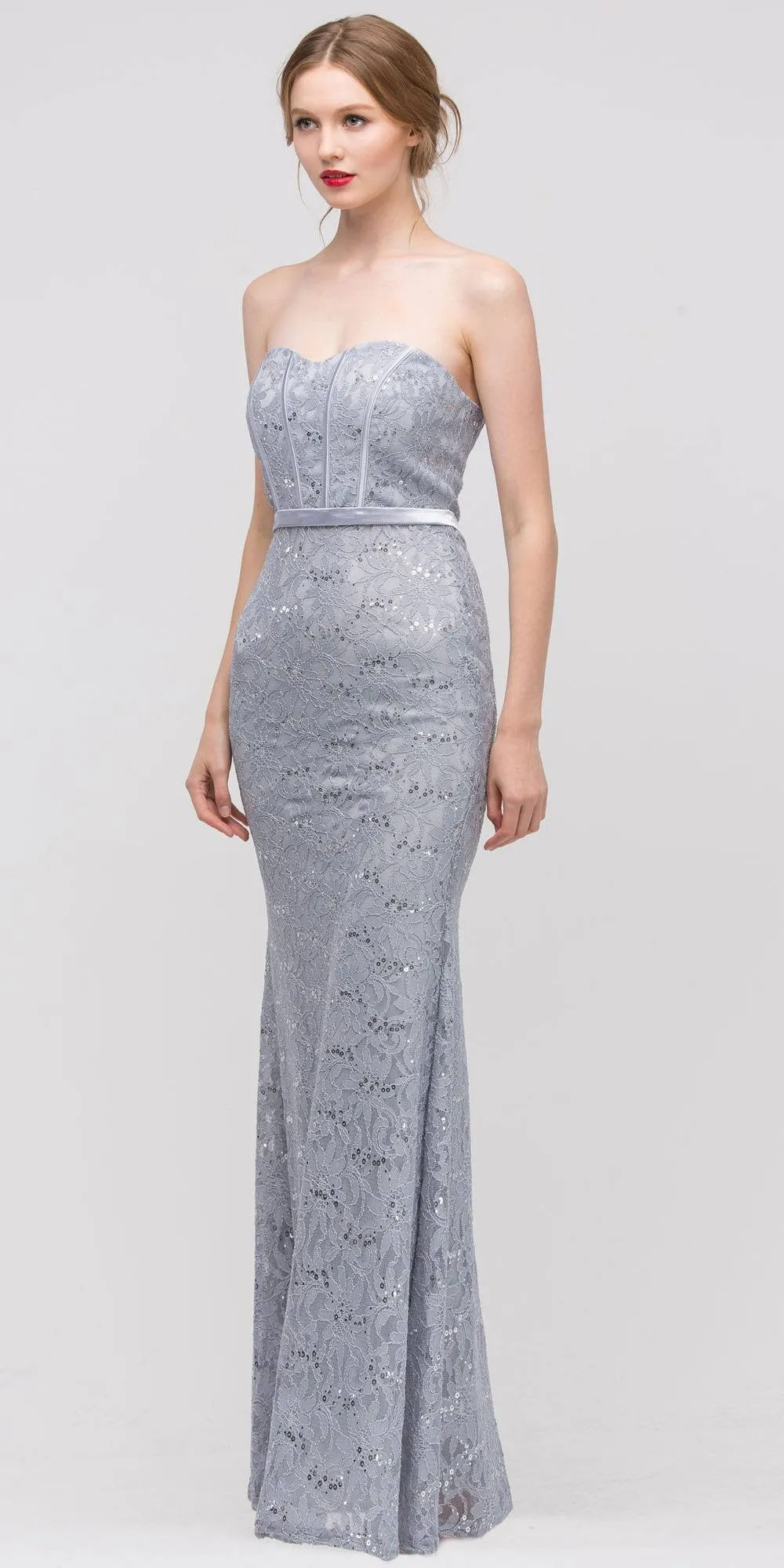 Eureka 2080 Long Lace Gown Sheath Mermaid Flare Strapless