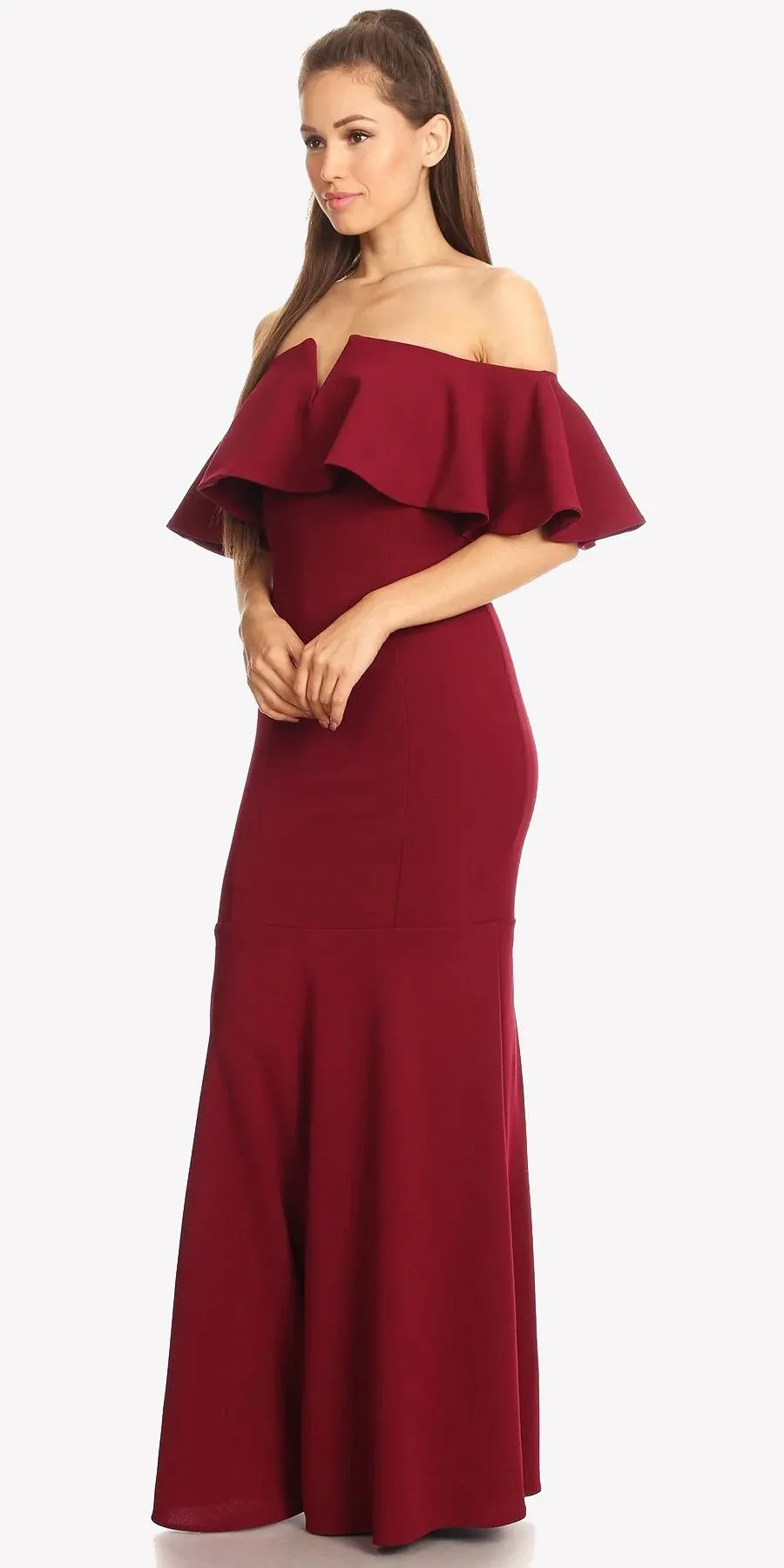 Eureka 2102 Long Dress Off Shoulder with V-Notch Ruffled Bodice