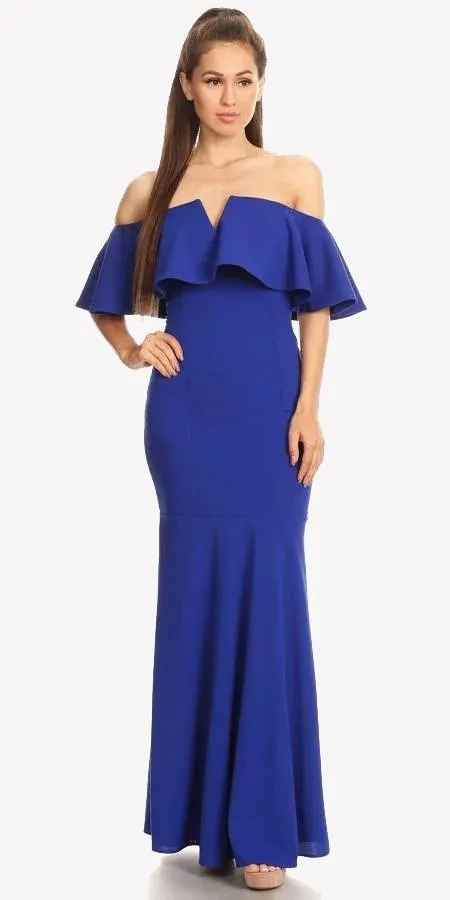Eureka 2102 Long Dress Off Shoulder with V-Notch Ruffled Bodice