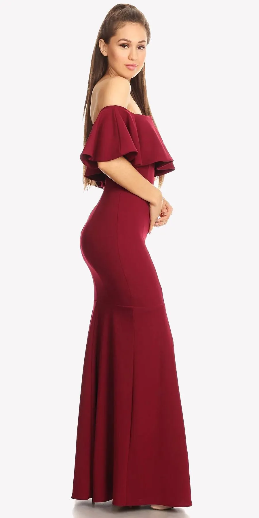 Eureka 2102 Long Dress Off Shoulder with V-Notch Ruffled Bodice