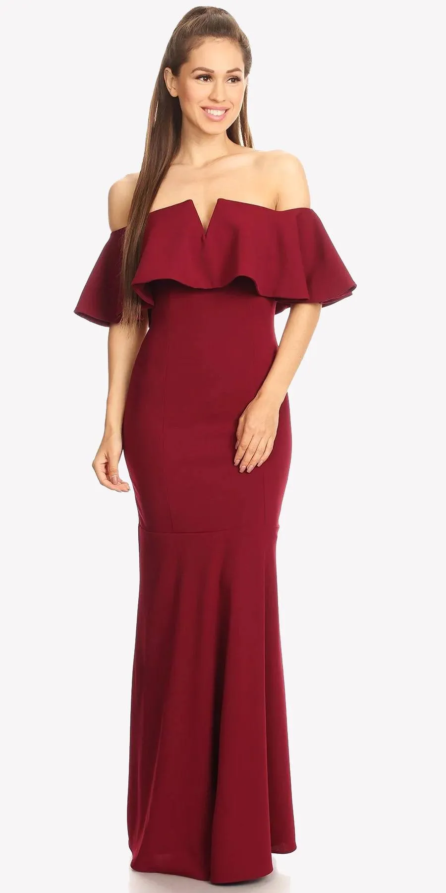Eureka 2102 Long Dress Off Shoulder with V-Notch Ruffled Bodice