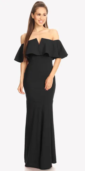 Eureka 2102 Long Dress Off Shoulder with V-Notch Ruffled Bodice