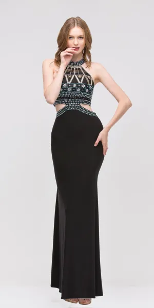 Eureka 4073 Long High-Neck Beaded Halter Dress Cut-Out Waist