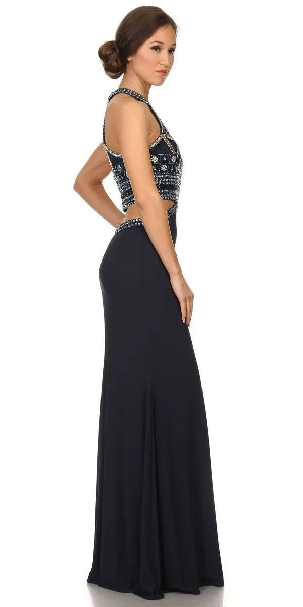 Eureka 4073 Long High-Neck Beaded Halter Dress Cut-Out Waist