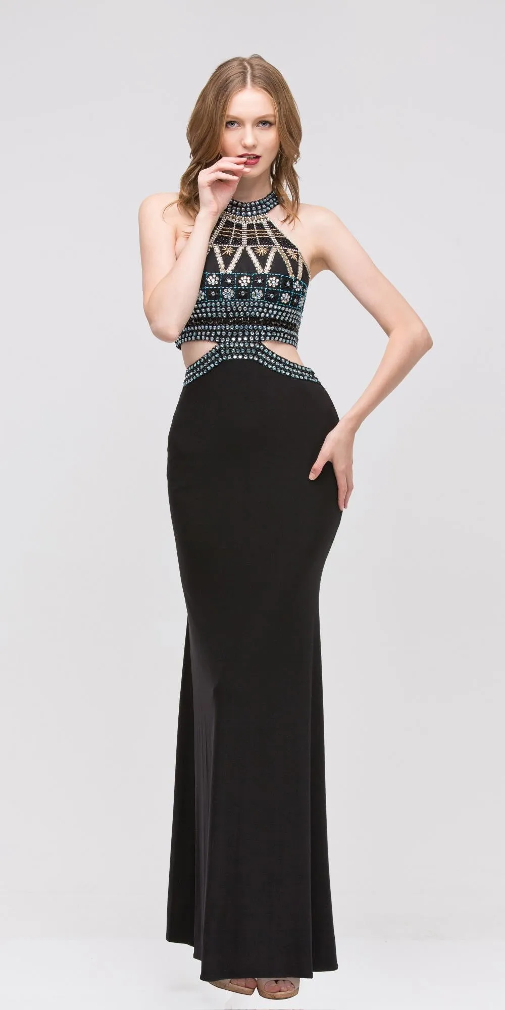 Eureka 4073 Long High-Neck Beaded Halter Dress Cut-Out Waist