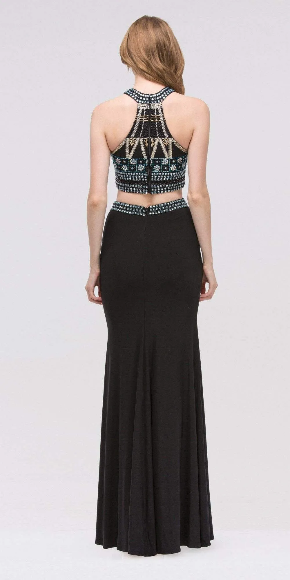 Eureka 4073 Long High-Neck Beaded Halter Dress Cut-Out Waist