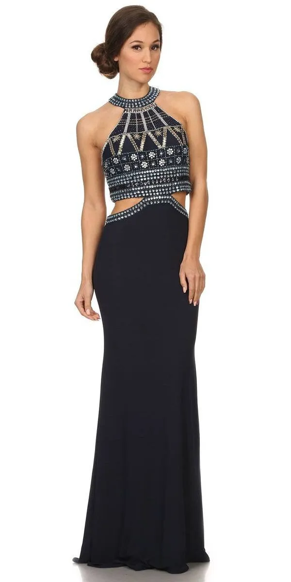 Eureka 4073 Long High-Neck Beaded Halter Dress Cut-Out Waist