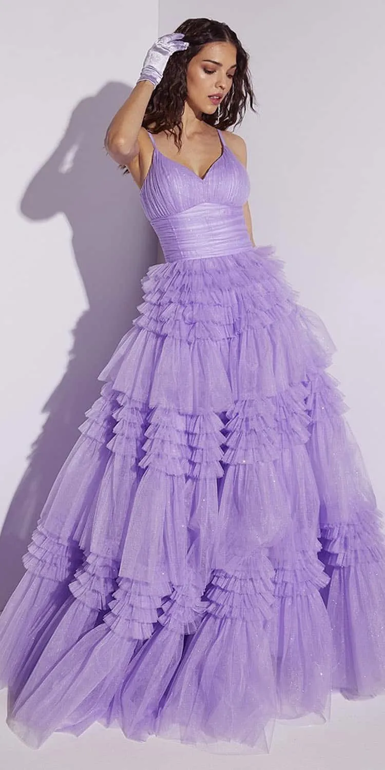 Eureka Fashion 9888 Floor Length A-Line Ruffle Mesh Glitter Ball Gown