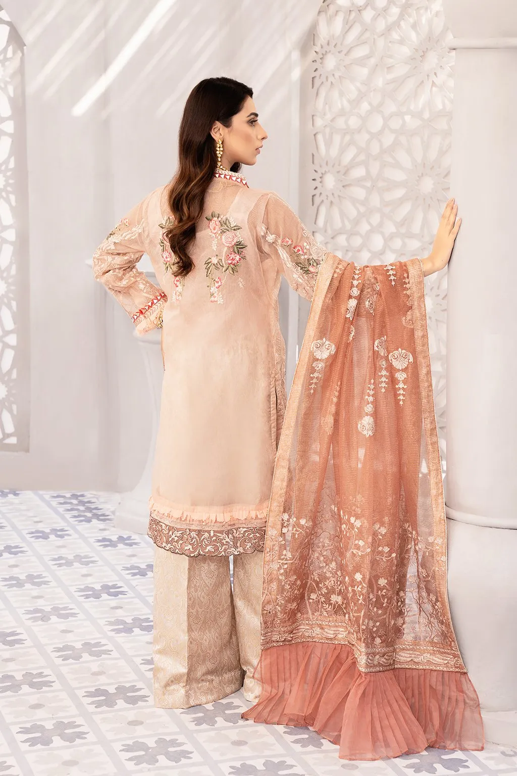 Festive Embroidered Chiffon Outfit in Peach Color #Y6158