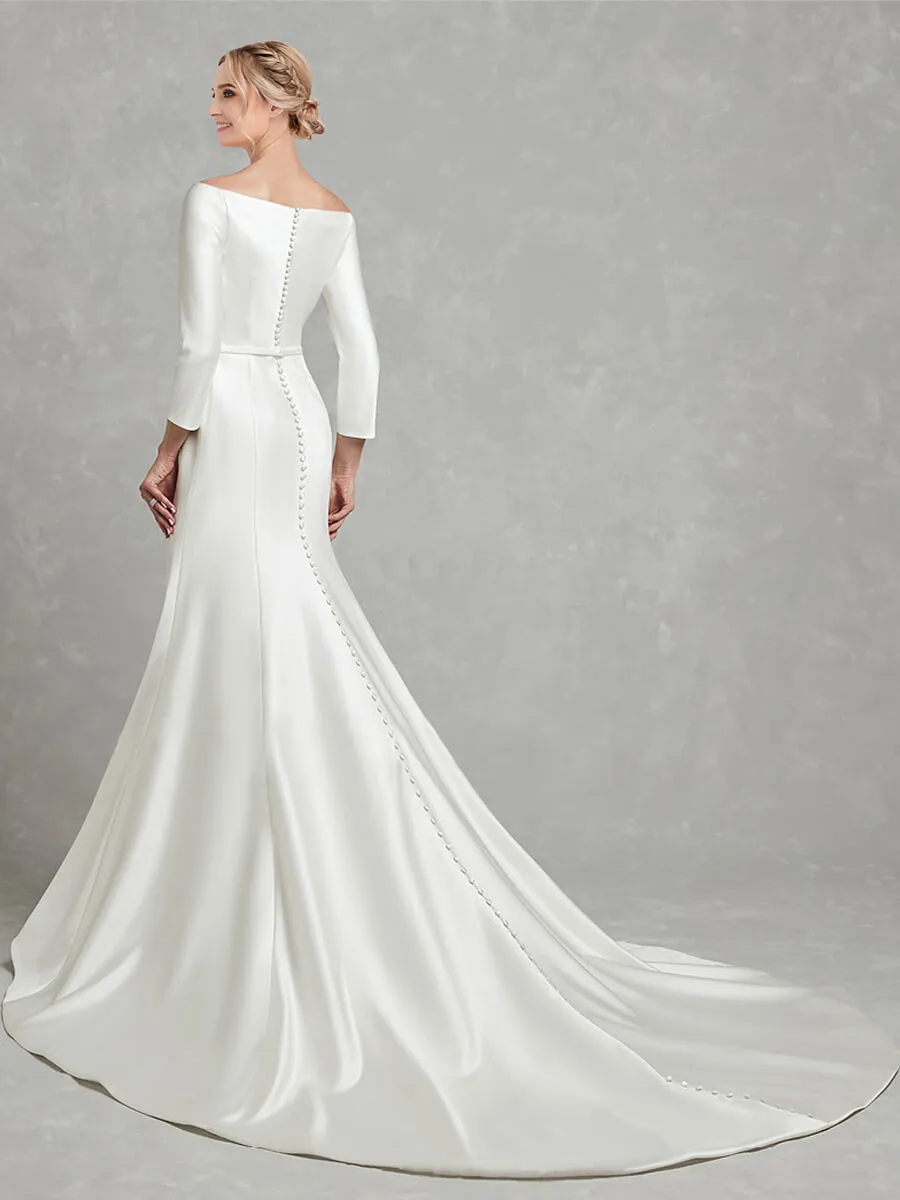 [Final Sale] 3/4 Sleeve Boat Neckline Mermaid Flare Satin Wedding Gown for Bridal