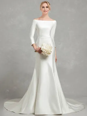 [Final Sale] 3/4 Sleeve Boat Neckline Mermaid Flare Satin Wedding Gown for Bridal