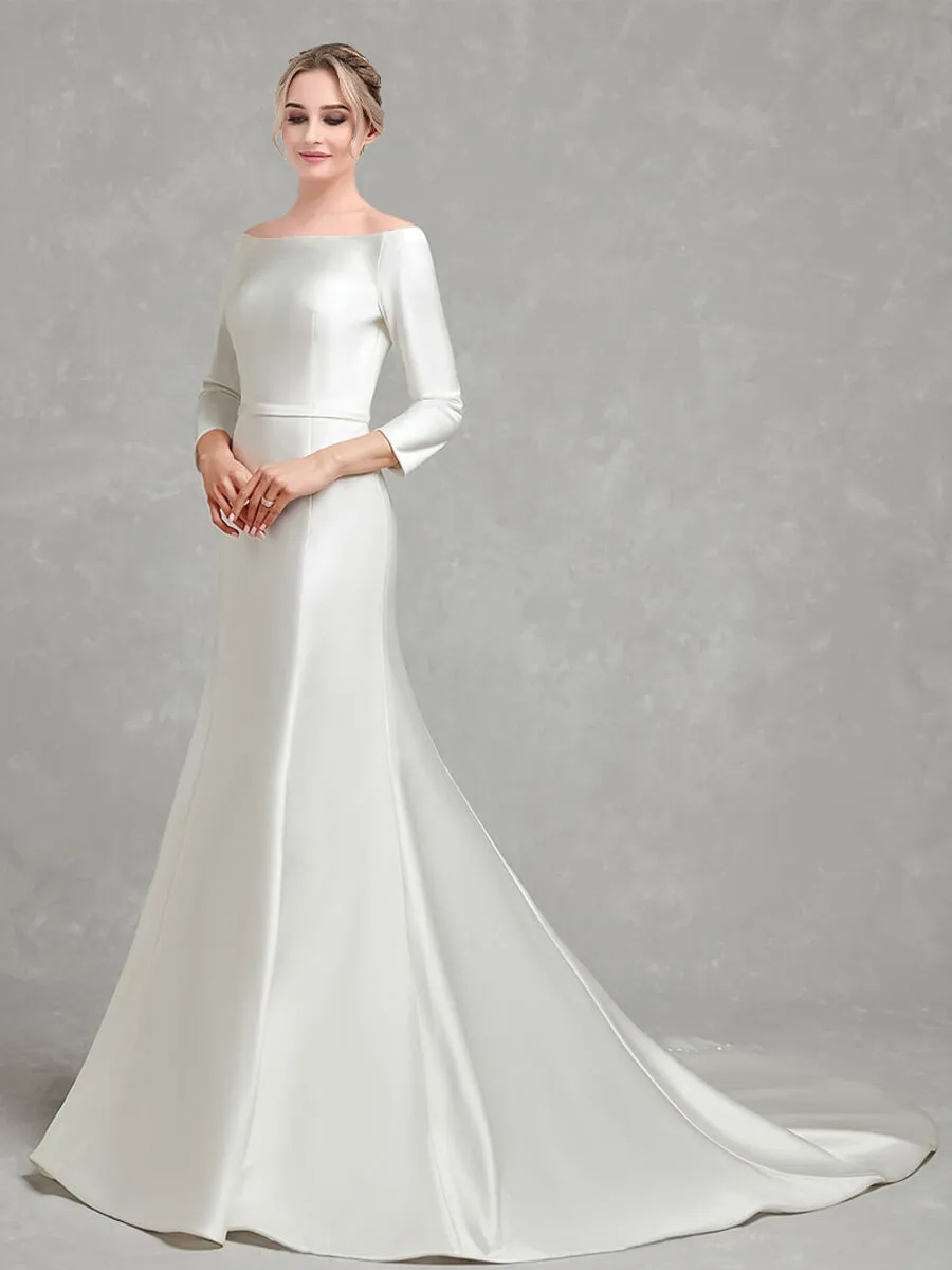 [Final Sale] 3/4 Sleeve Boat Neckline Mermaid Flare Satin Wedding Gown for Bridal