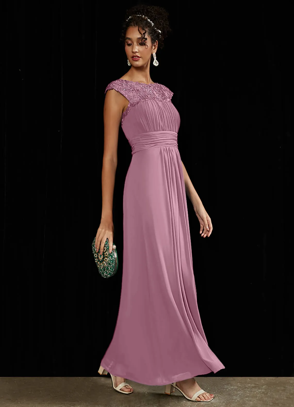 [Final Sale] Dusty Rose Lace Open Back Floor Length Silky Chiffon Formal Evening Mother Dress