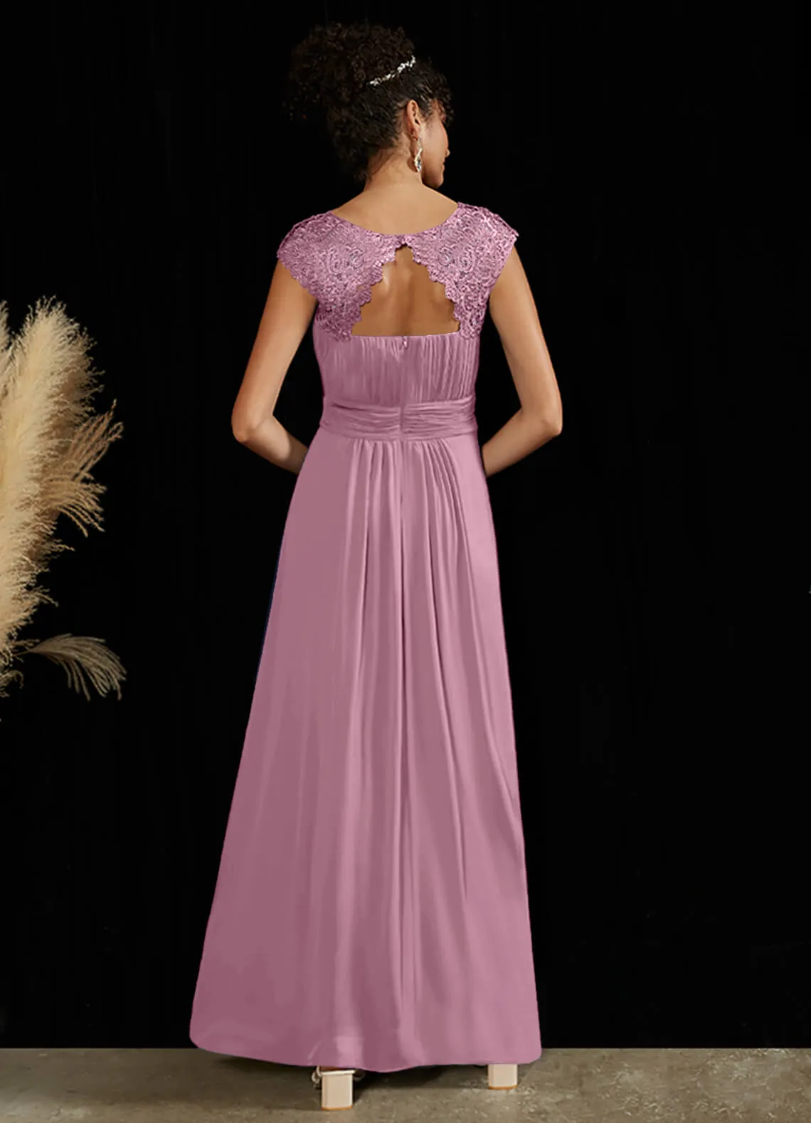 [Final Sale] Dusty Rose Lace Open Back Floor Length Silky Chiffon Formal Evening Mother Dress