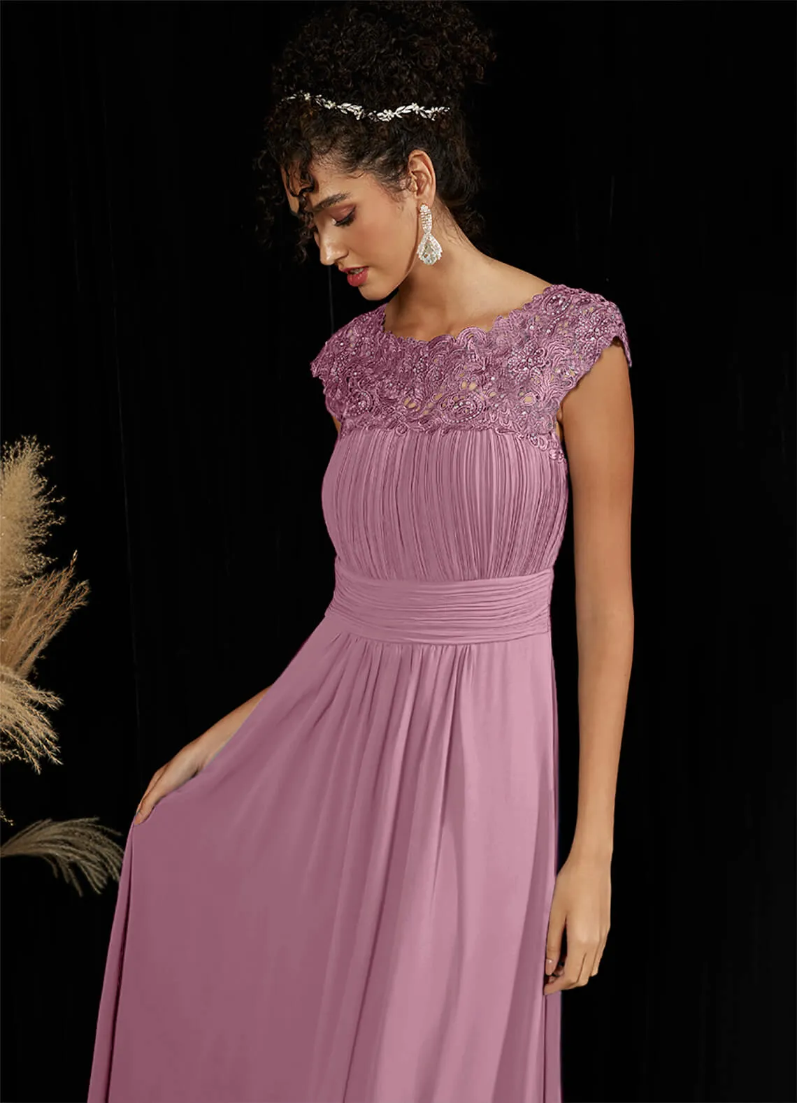 [Final Sale] Dusty Rose Lace Open Back Floor Length Silky Chiffon Formal Evening Mother Dress