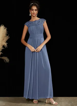 [Final Sale] Slate Blue Lace Open Back Floor Length Silky Chiffon Formal Evening Mother Dress
