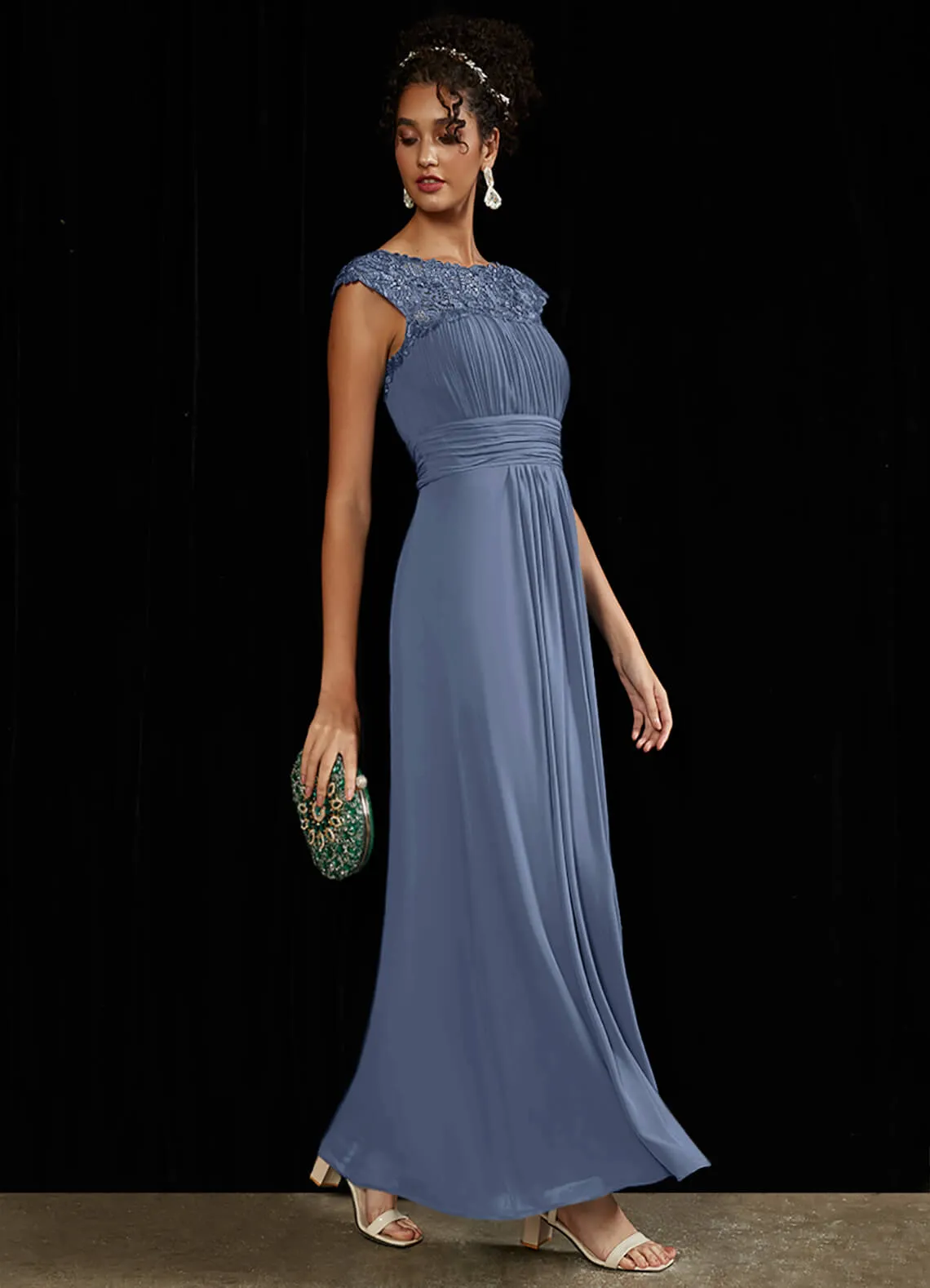 [Final Sale] Slate Blue Lace Open Back Floor Length Silky Chiffon Formal Evening Mother Dress