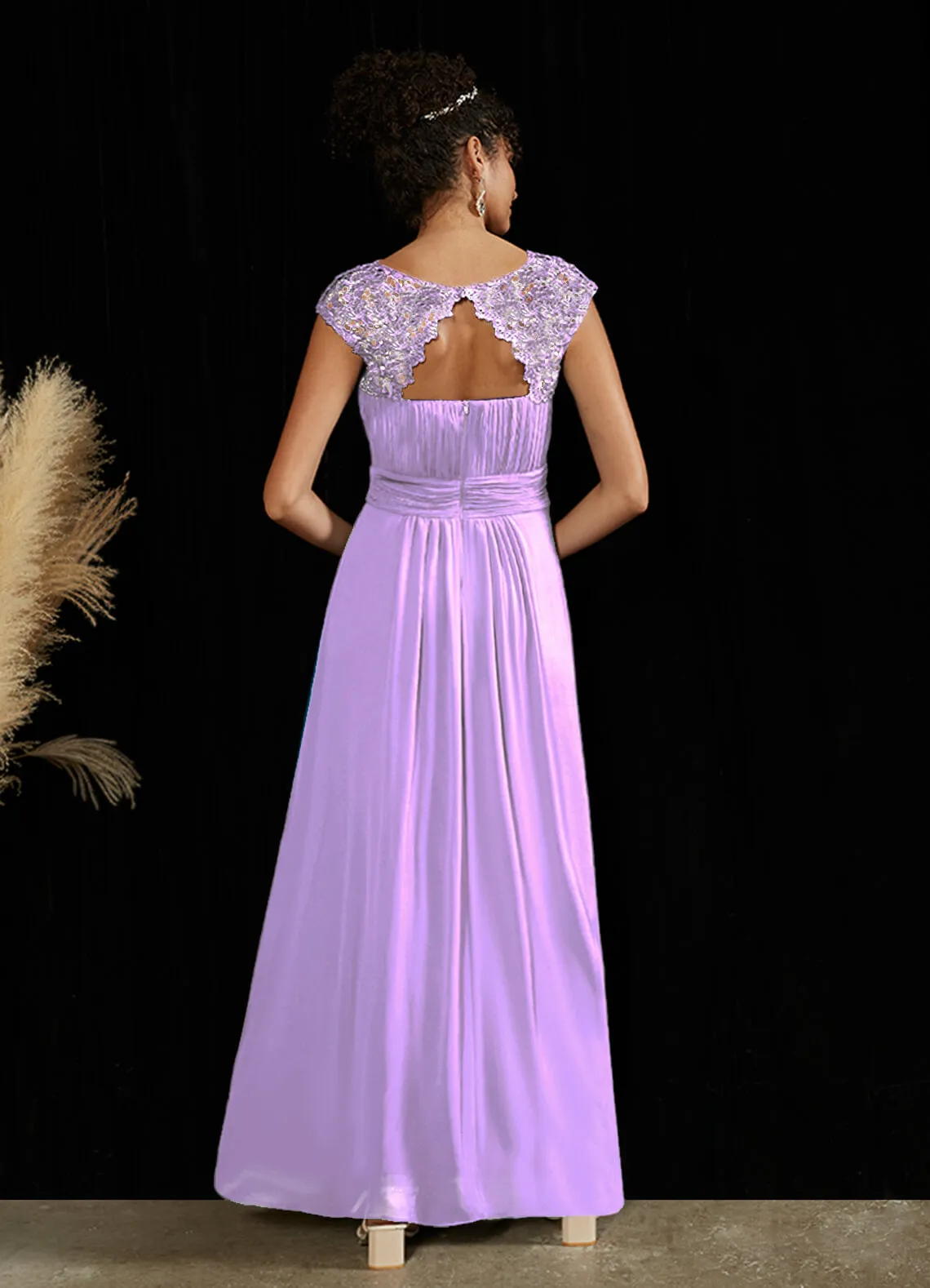 [Final Sale] Tahiti Lace Open Back Floor Length Silky Chiffon Formal Evening Mother Dress