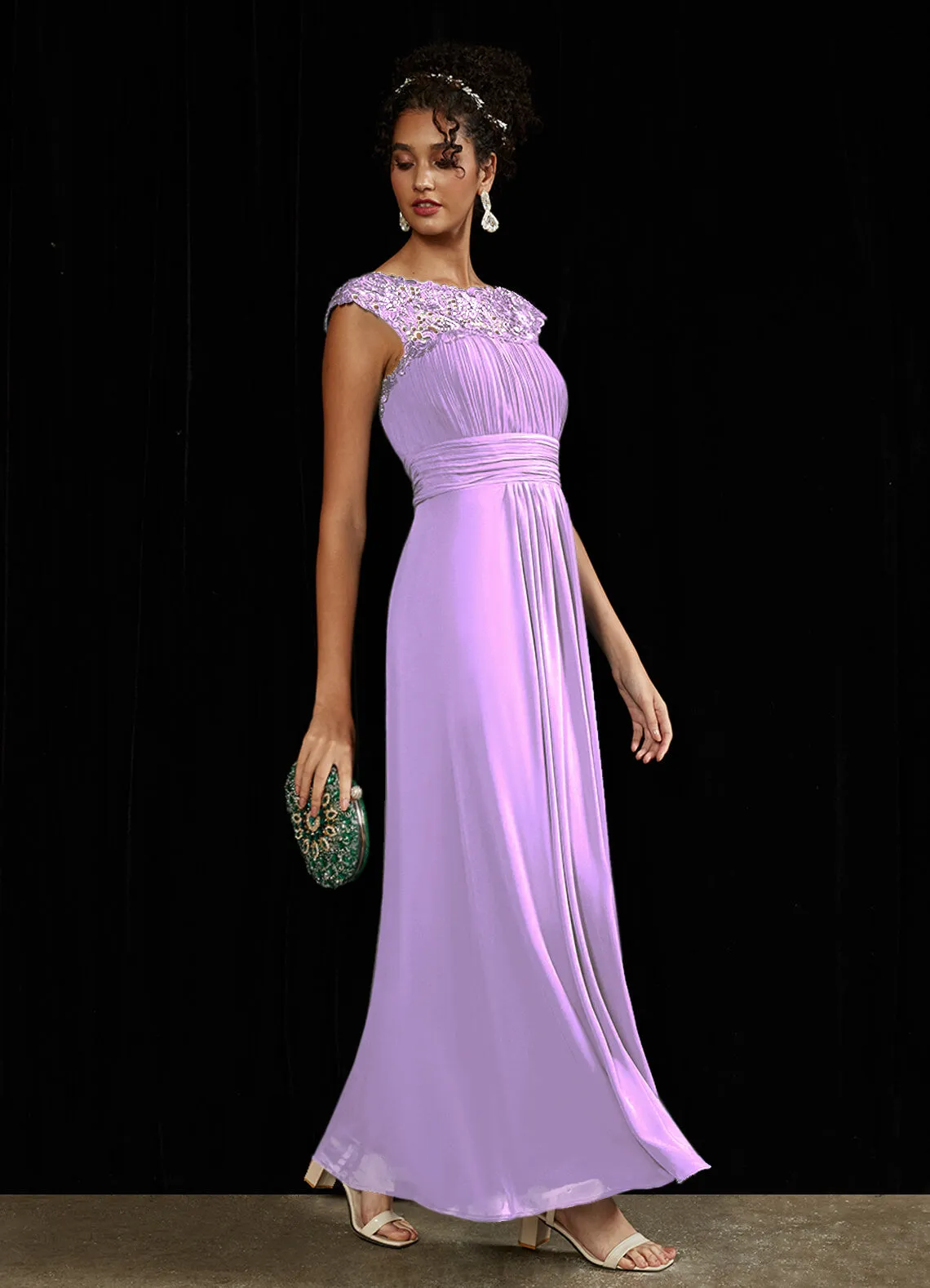 [Final Sale] Tahiti Lace Open Back Floor Length Silky Chiffon Formal Evening Mother Dress