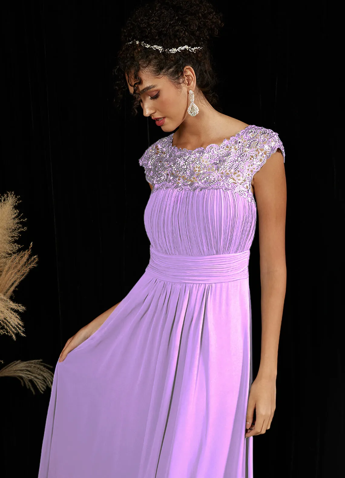 [Final Sale] Tahiti Lace Open Back Floor Length Silky Chiffon Formal Evening Mother Dress