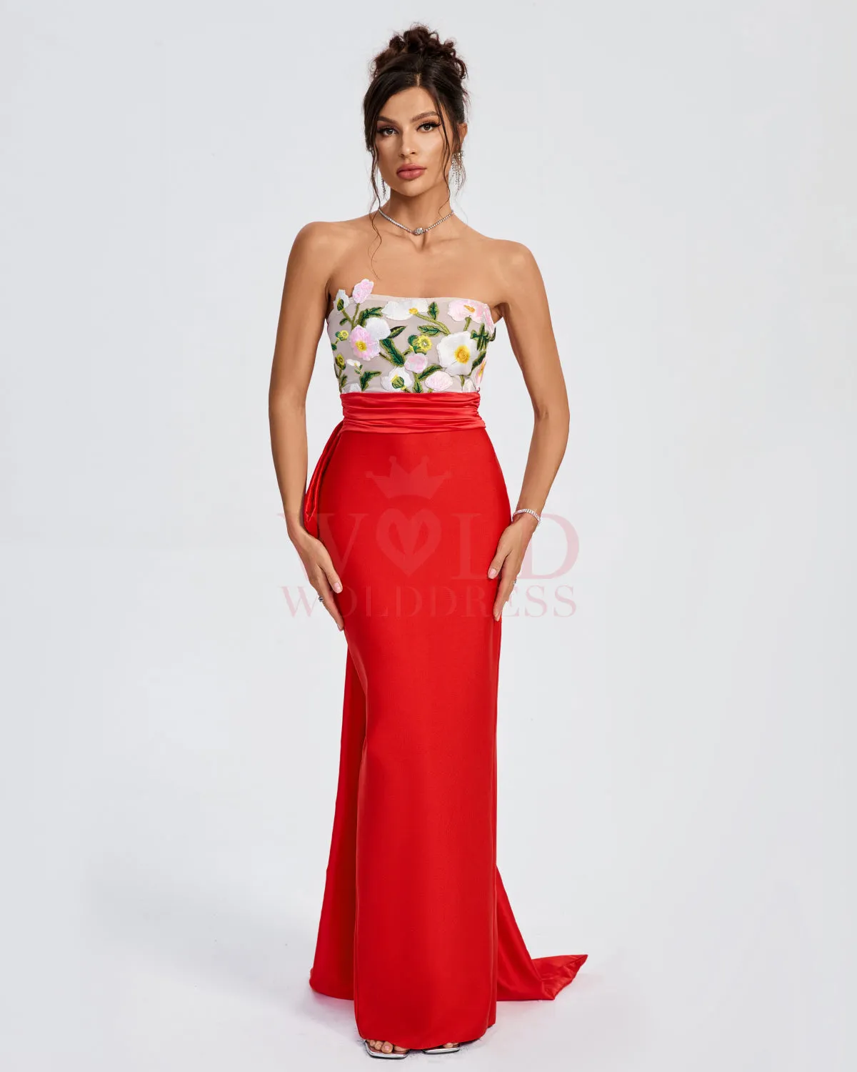 Floral Embroidered Corset Bow-Draped Dress