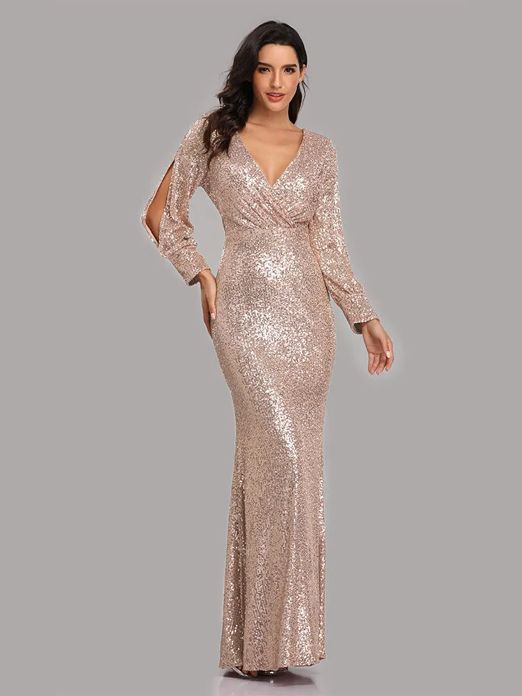 Formal Evening Dresses for Women V-neck Mermaid Maxi Sequin Dress for Party