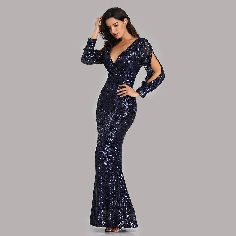 Formal Evening Dresses for Women V-neck Mermaid Maxi Sequin Dress for Party
