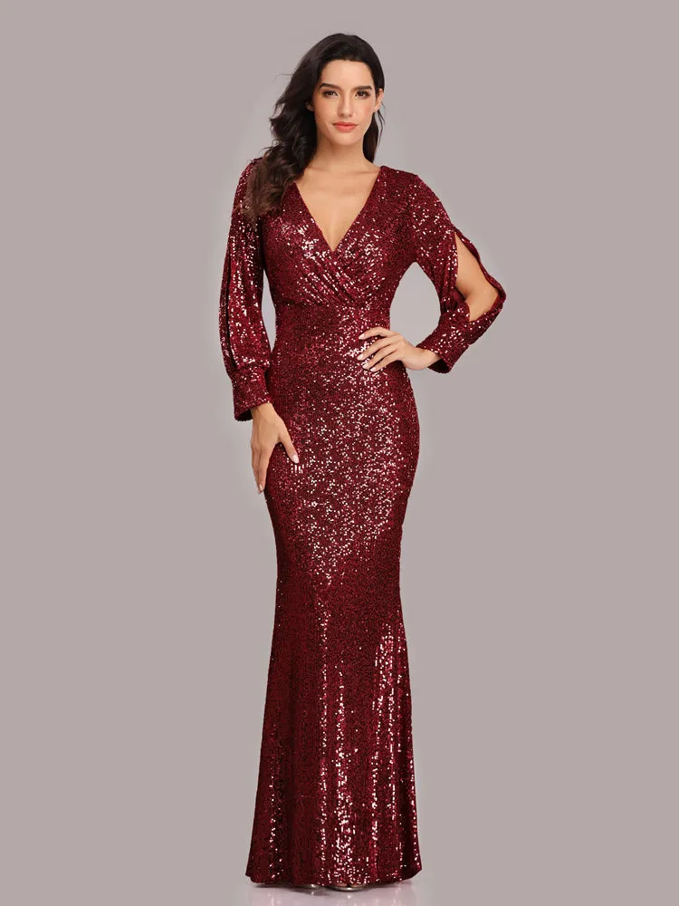 Formal Evening Dresses for Women V-neck Mermaid Maxi Sequin Dress for Party