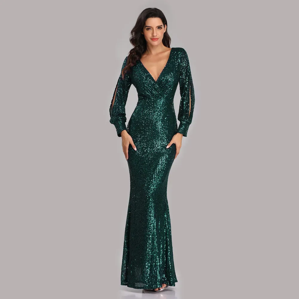 Formal Evening Dresses for Women V-neck Mermaid Maxi Sequin Dress for Party