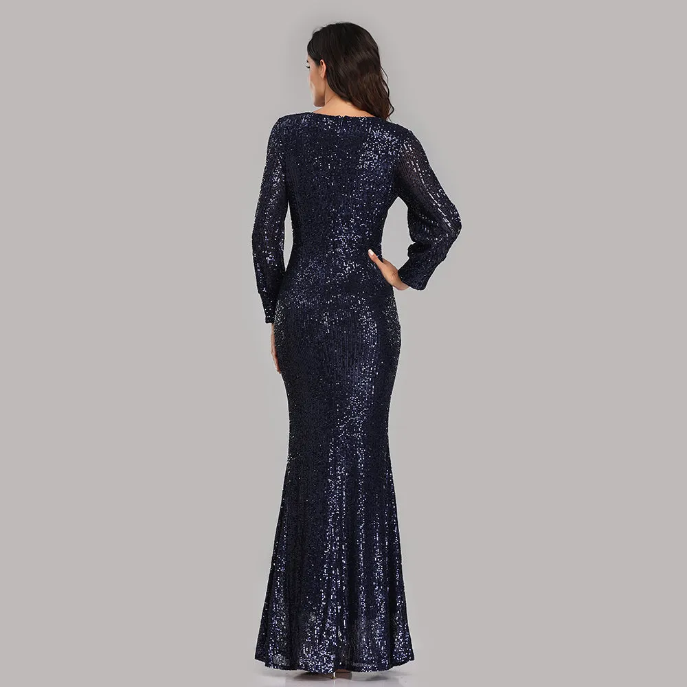 Formal Evening Dresses for Women V-neck Mermaid Maxi Sequin Dress for Party