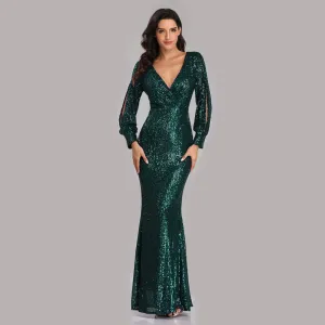 Formal Evening Dresses for Women V-neck Mermaid Maxi Sequin Dress for Party