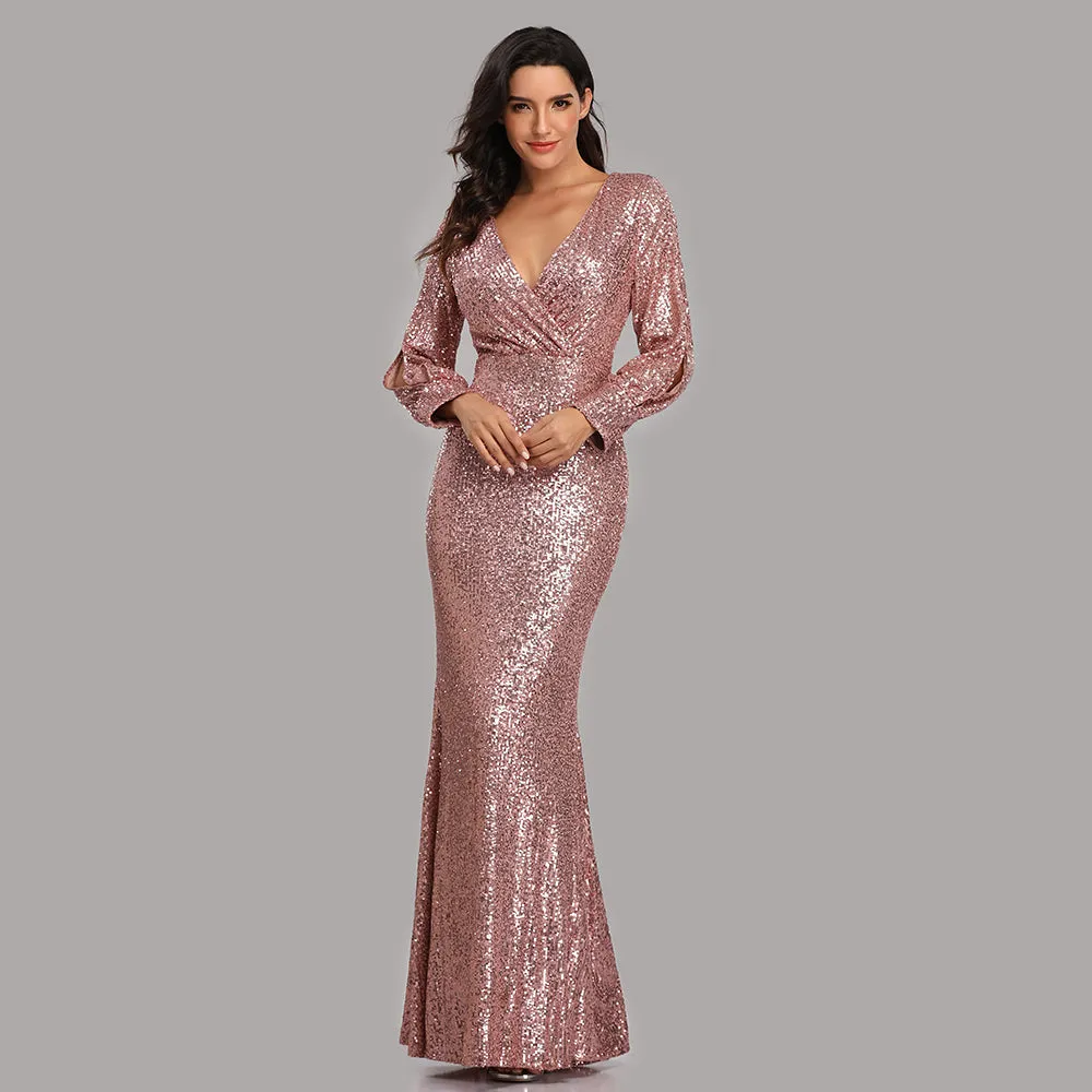 Formal Evening Dresses for Women V-neck Mermaid Maxi Sequin Dress for Party