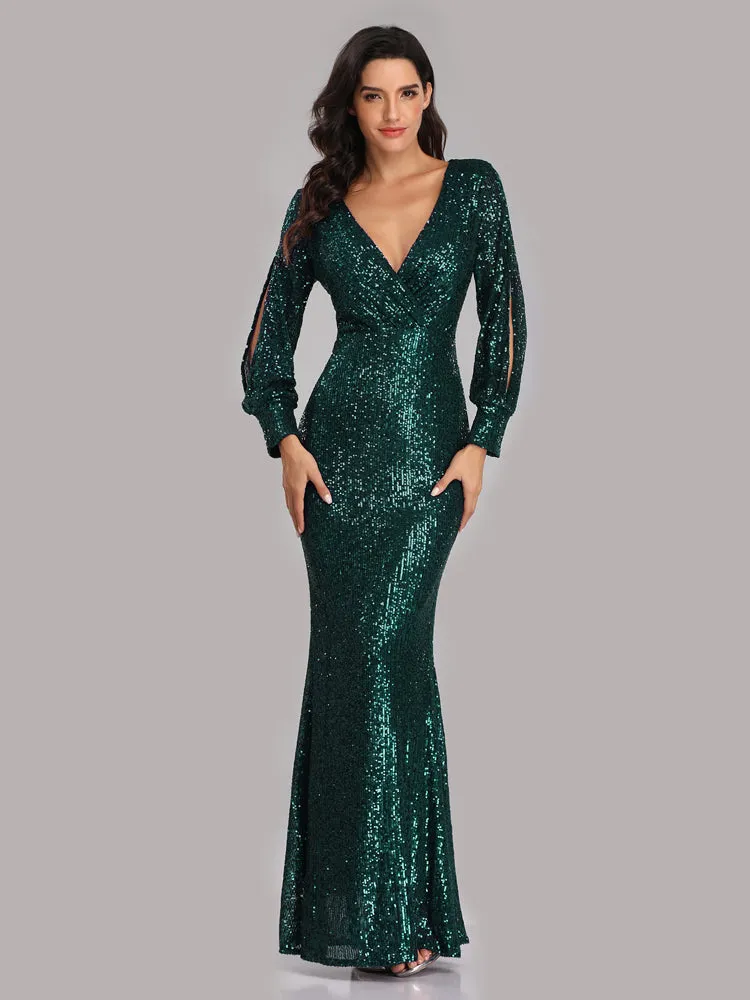 Formal Evening Dresses for Women V-neck Mermaid Maxi Sequin Dress for Party