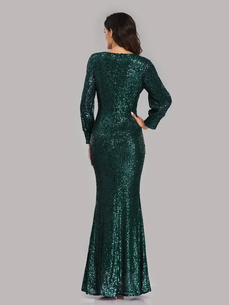 Formal Evening Dresses for Women V-neck Mermaid Maxi Sequin Dress for Party