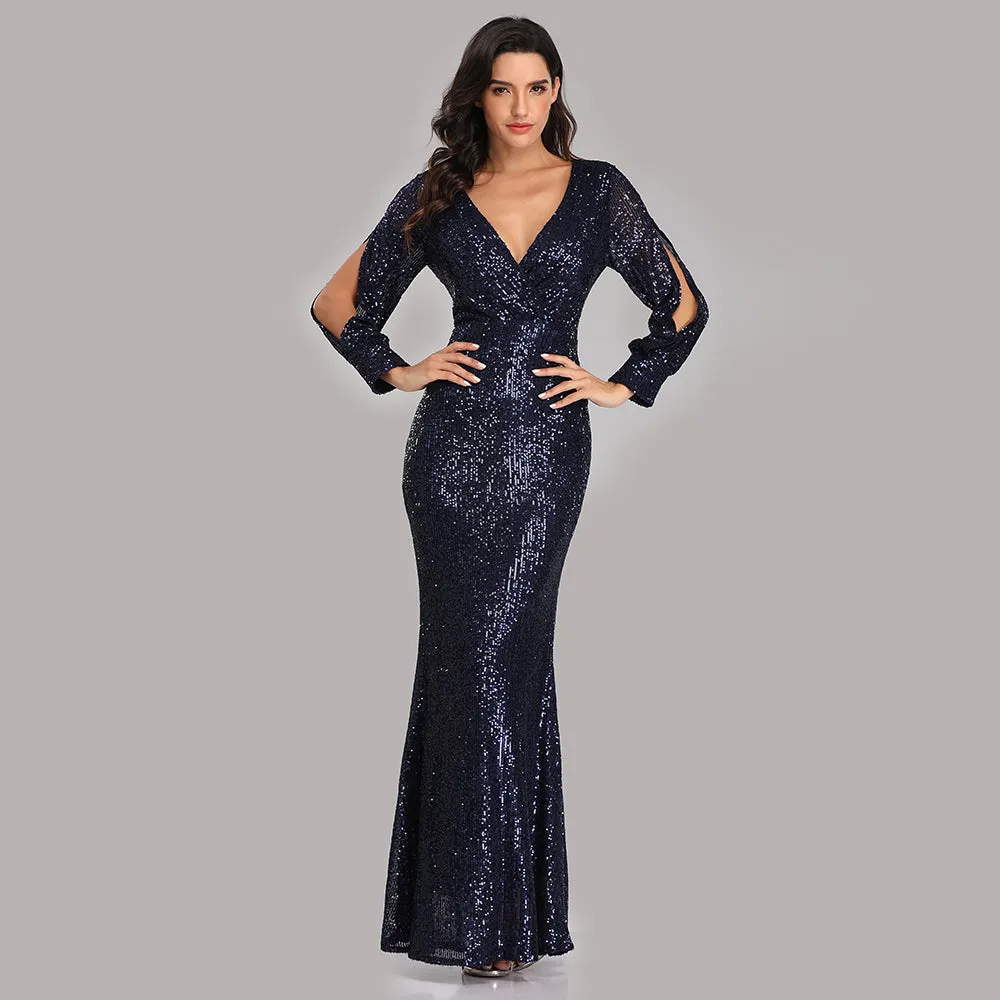 Formal Evening Dresses for Women V-neck Mermaid Maxi Sequin Dress for Party