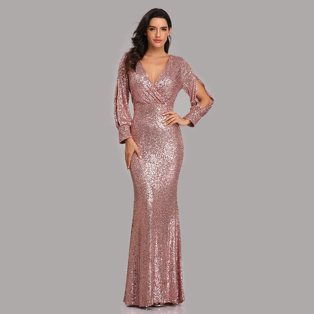 Formal Evening Dresses for Women V-neck Mermaid Maxi Sequin Dress for Party