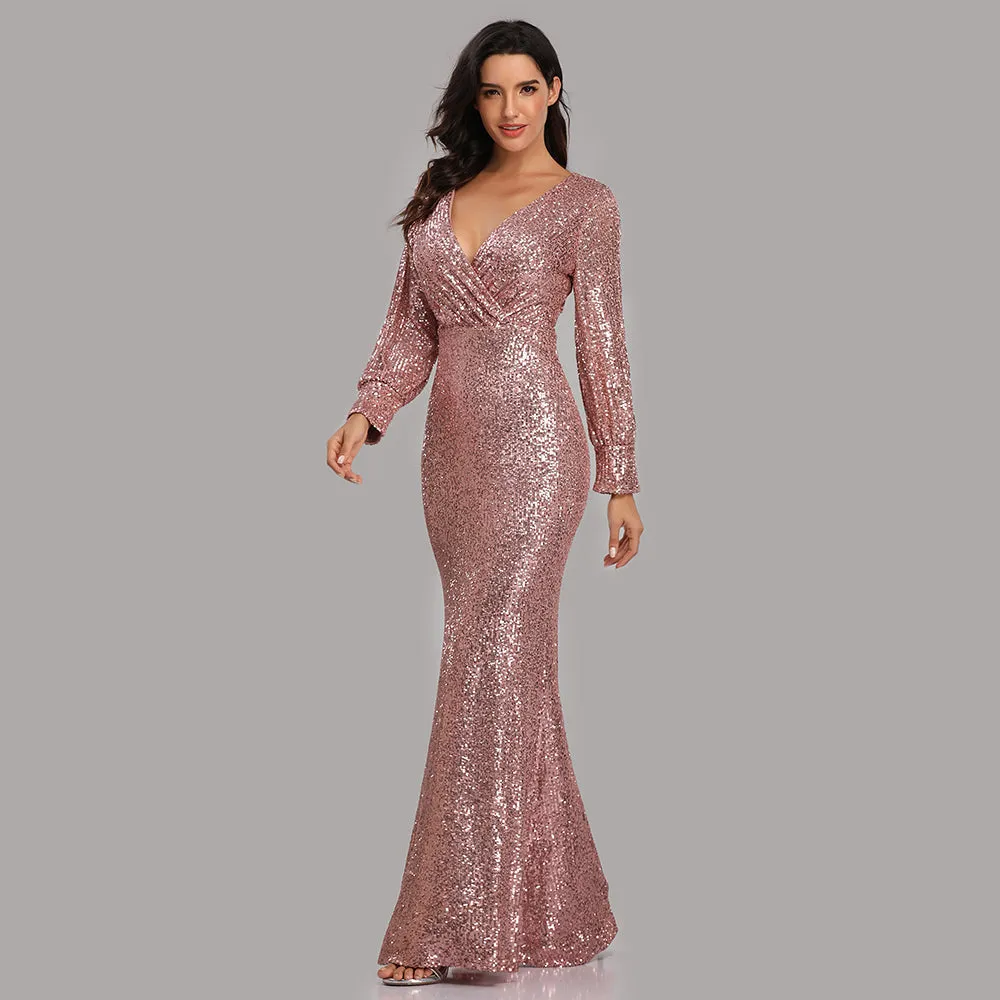Formal Evening Dresses for Women V-neck Mermaid Maxi Sequin Dress for Party