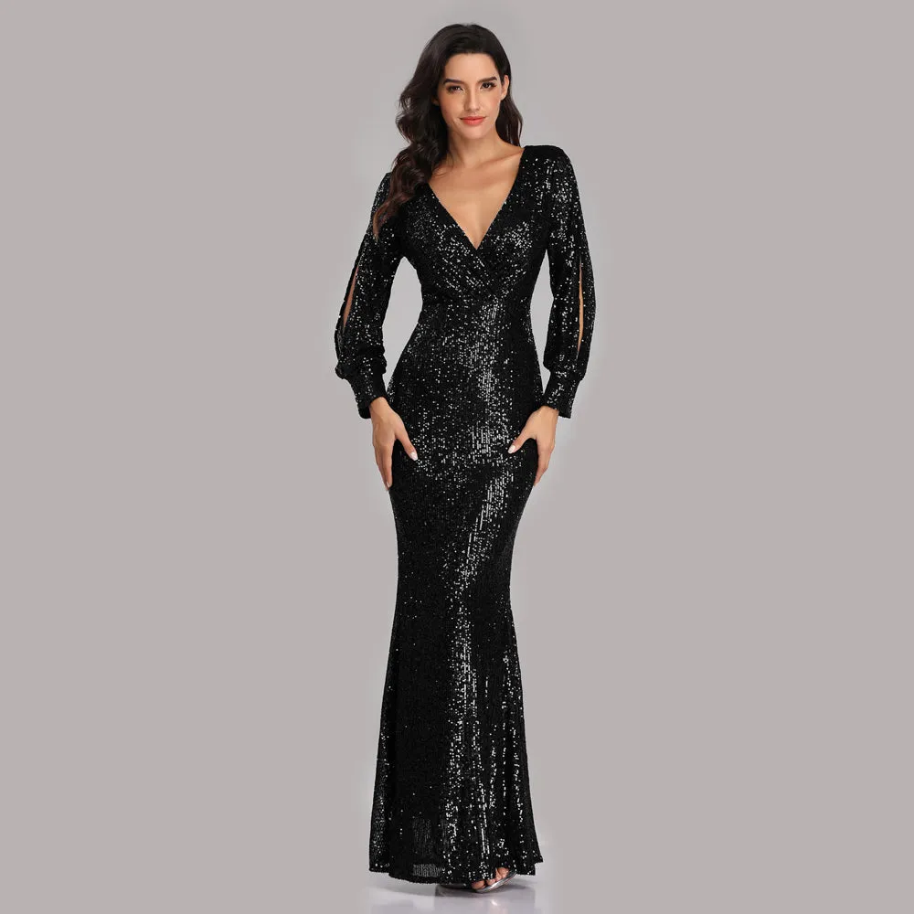 Formal Evening Dresses for Women V-neck Mermaid Maxi Sequin Dress for Party