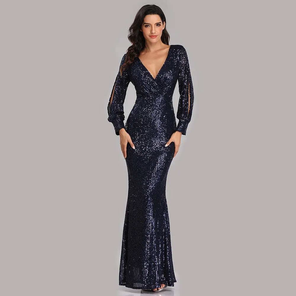 Formal Evening Dresses for Women V-neck Mermaid Maxi Sequin Dress for Party